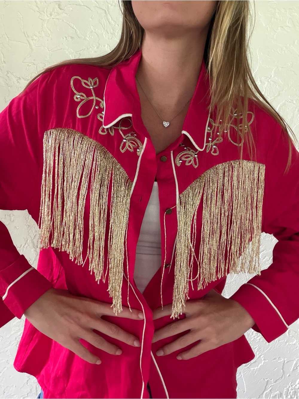 John Moon Texas Red and Gold Fringe Button-Down Shirt with Metallic Trim